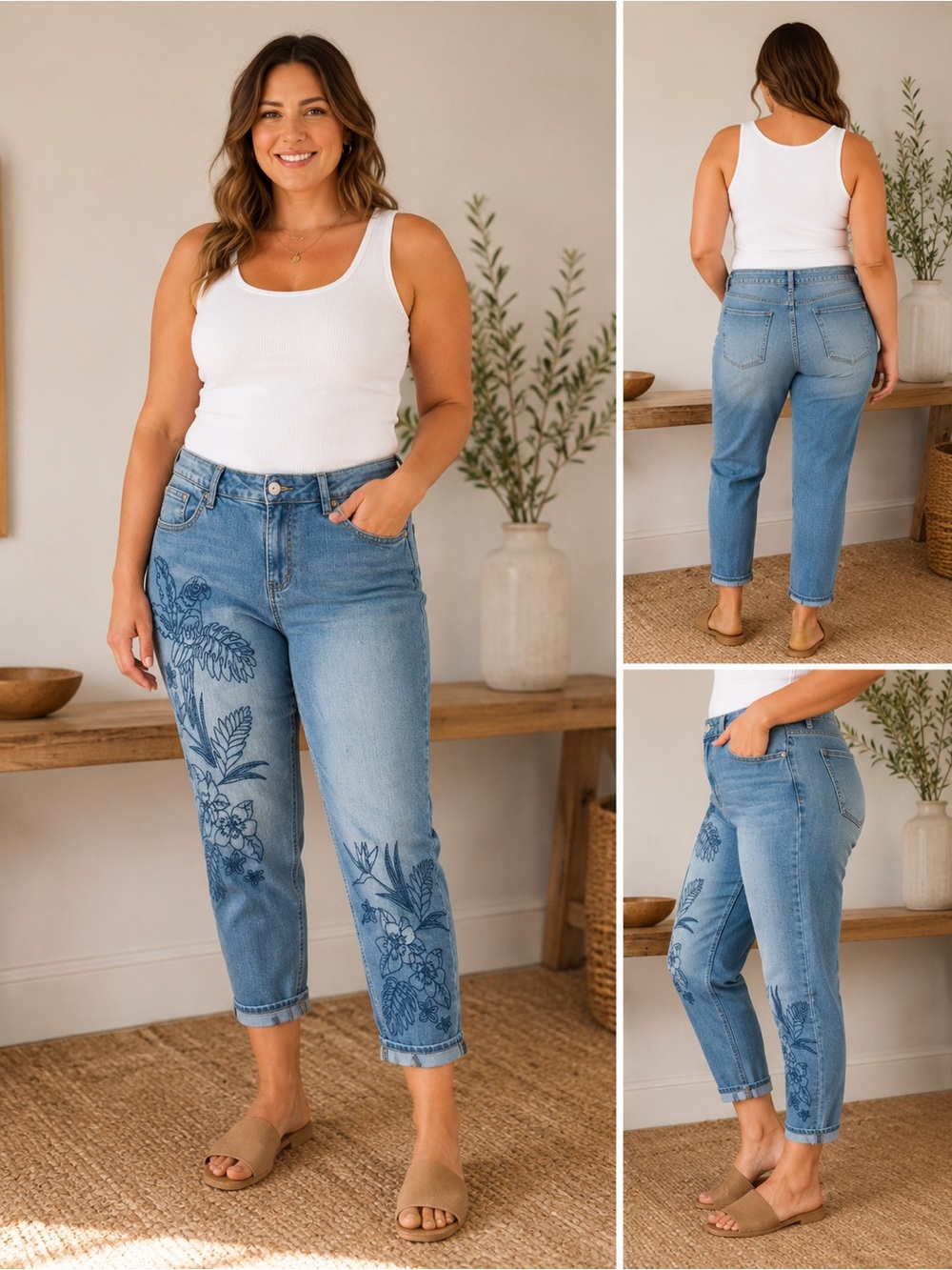 Earl tropical embroidered Floral Blue Jeans ankle cuff